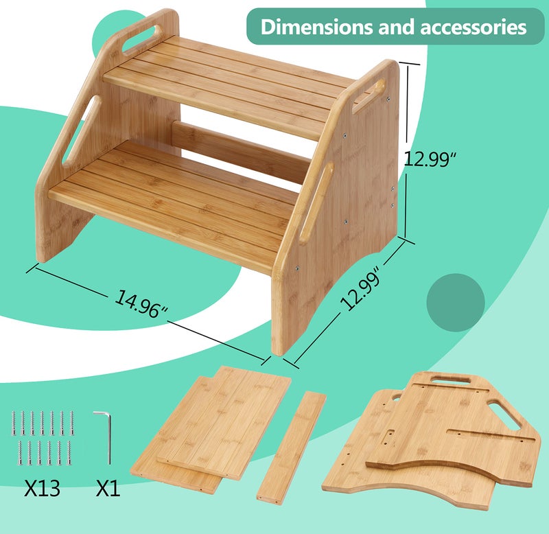 AMBIRD Wooden Step Stool, Two Step Stools Toddler 300 lbs Capacity with Safety Non-Slip Pads and Handles, Bamboo Step Stool for Bathroom, Kitchen Dual Height Step Stools for Kids (Natural) - Image 5