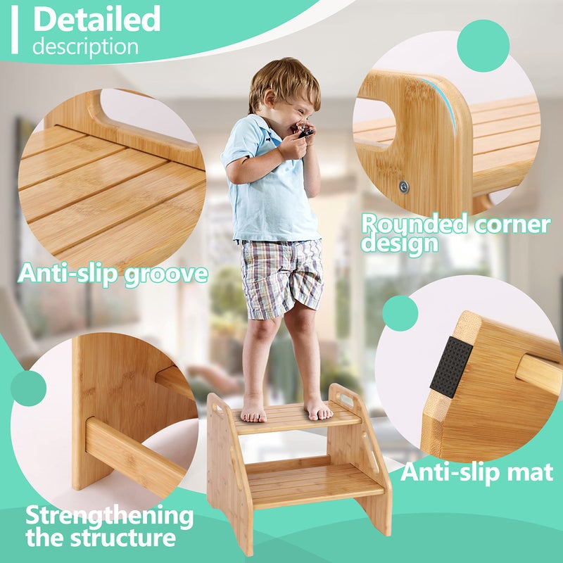 AMBIRD Wooden Step Stool, Two Step Stools Toddler 300 lbs Capacity with Safety Non-Slip Pads and Handles, Bamboo Step Stool for Bathroom, Kitchen Dual Height Step Stools for Kids (Natural) - Image 3