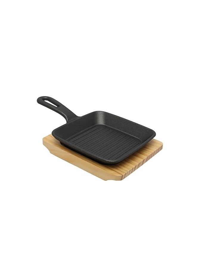 13.5cm Square Cast Iron Skillet with Side Handle and Wooden Base | Oven Safe Cast Iron Roasting Pan - Image 2