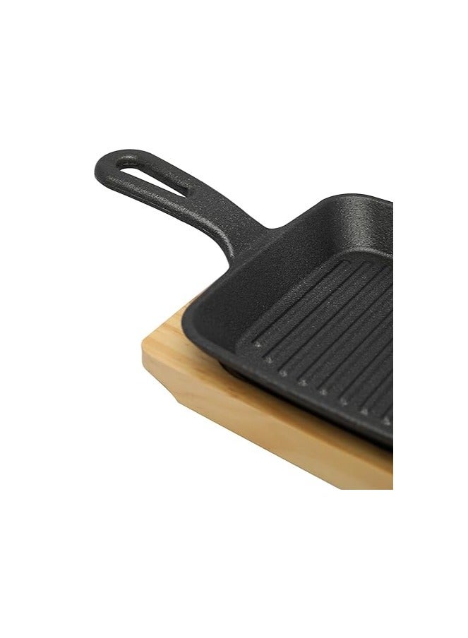 13.5cm Square Cast Iron Skillet with Side Handle and Wooden Base | Oven Safe Cast Iron Roasting Pan - Image 4