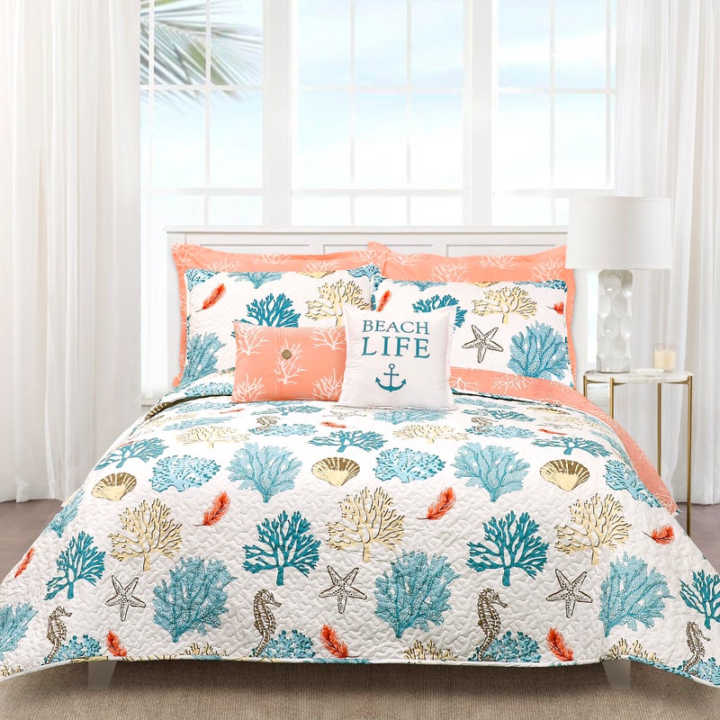 Lush Decor Coastal Reef Feather Reversible Quilt Set, 7 Piece Set Full/ Queen Blue & Coral - Queen Bedding Set Quilted - Coastal Decor - Beach House - Beachy Room - Image 2
