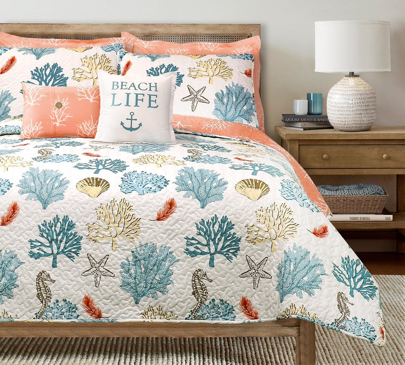 Lush Decor Coastal Reef Feather Reversible Quilt Set, 7 Piece Set Full/ Queen Blue & Coral - Queen Bedding Set Quilted - Coastal Decor - Beach House - Beachy Room - Image 1