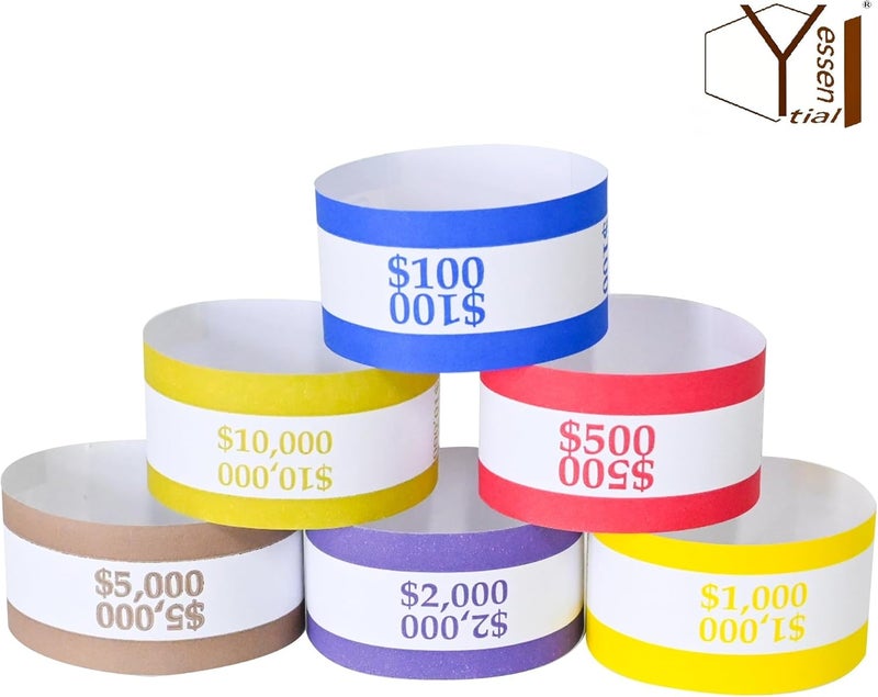YSSENTIALS 7.5 x 1.25 Inches 300 Assorted Currency Straps Self Sealing Currency Bundles Bands Money Bill Band Strap (300 Assorted, 50 of Each Colors) - Image 3