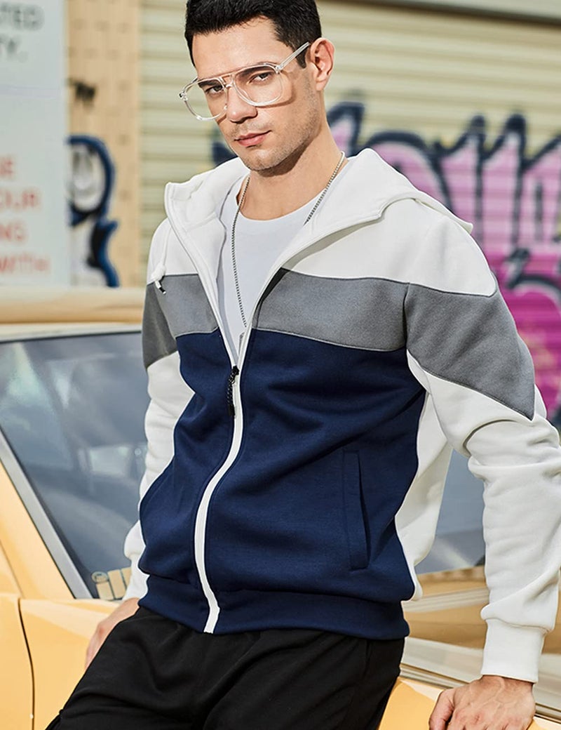 DUOFIER Mens Hoodie Zip-Up Sweatshirt Long Sleeve with Side Pockets, White-S - Image 2