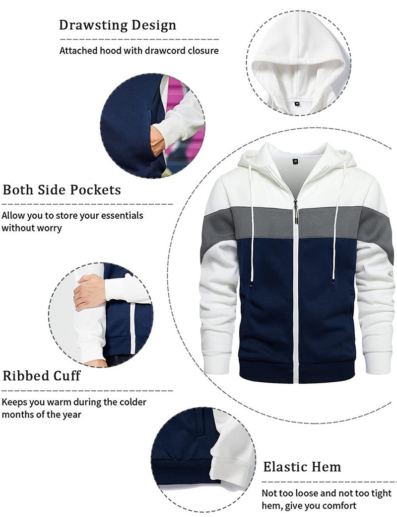 DUOFIER Mens Hoodie Zip-Up Sweatshirt Long Sleeve with Side Pockets, White-S - Image 3