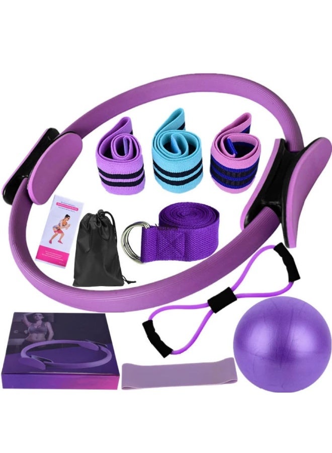 مجموعة حلقات بيلاتس 11 قطعة للنساء - حلقة سحرية وأشرطة أرداف لممارسة الرياضة في المنزل، كرة يوجا وأشرطة تمديد - Image 1