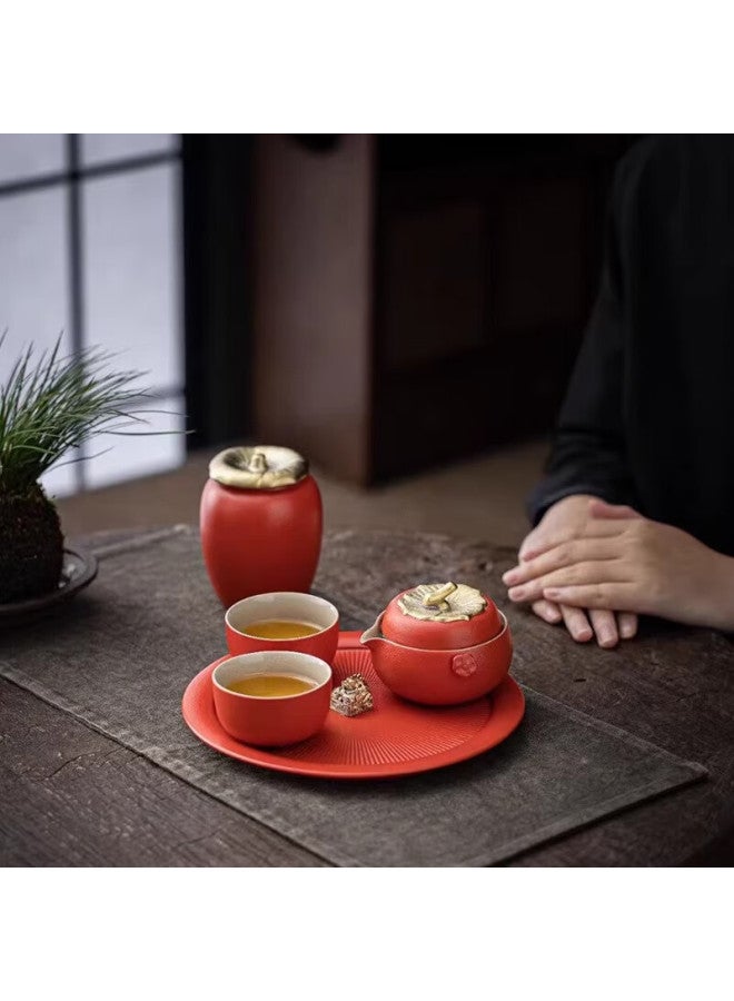 Jingqi Premium Kung Fu Tea Set Ceramic Fruit Tea Set Persimmon Teapot Tea Tray Tea Cups All Things Go Well - Image 1
