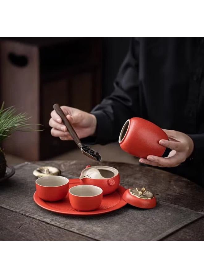 Jingqi Premium Kung Fu Tea Set Ceramic Fruit Tea Set Persimmon Teapot Tea Tray Tea Cups All Things Go Well - Image 3