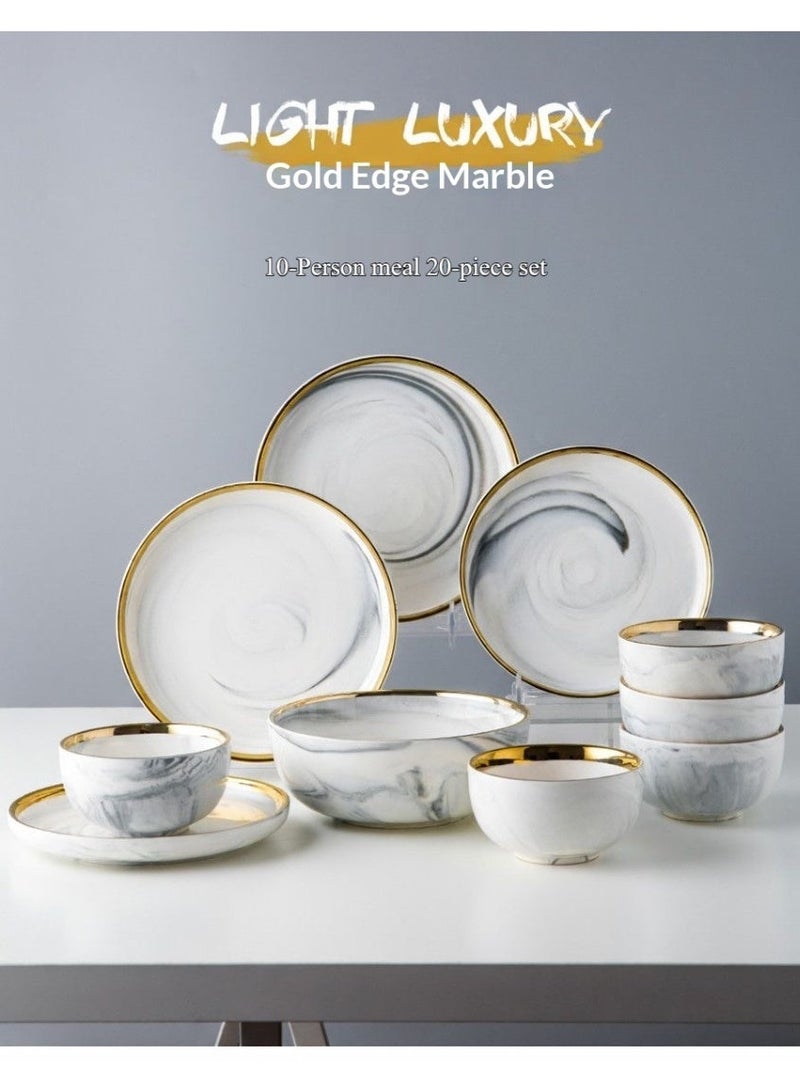 مجموعة من 20 قطعة: مجموعة أواني مائدة خزفية بسيطة من سلسلة الرخام الفاخر بحواف ذهبية، مجموعة كاملة من أطباق الأرز والأطباق (نمط رخامي) - Image 1
