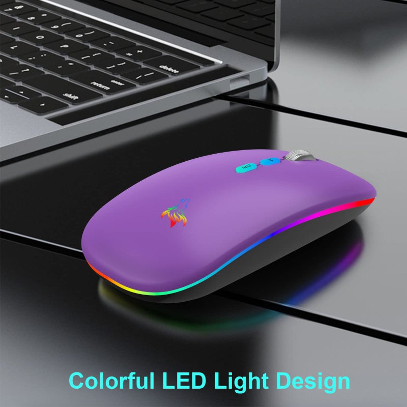 HOTLIFE Wireless Bluetooth Mouse, Slim Rechargeable LED Mouse, 2.4G Portable USB Optical Mouse with Type C Adapter, Purple - Image 3