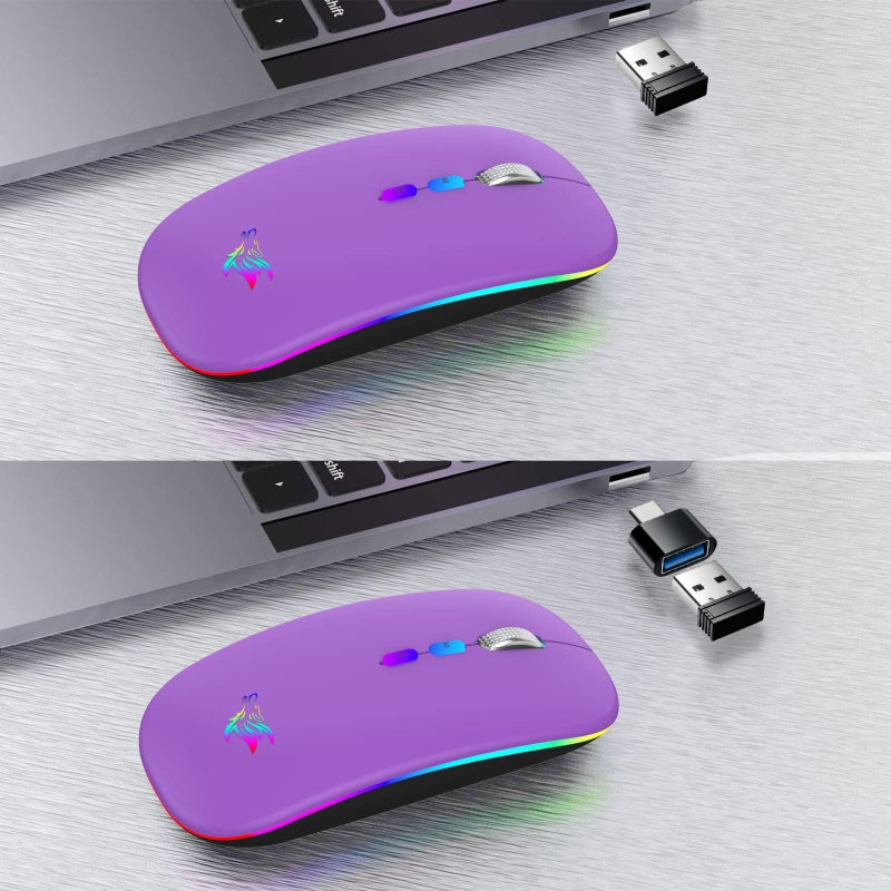 HOTLIFE Wireless Bluetooth Mouse, Slim Rechargeable LED Mouse, 2.4G Portable USB Optical Mouse with Type C Adapter, Purple - Image 5