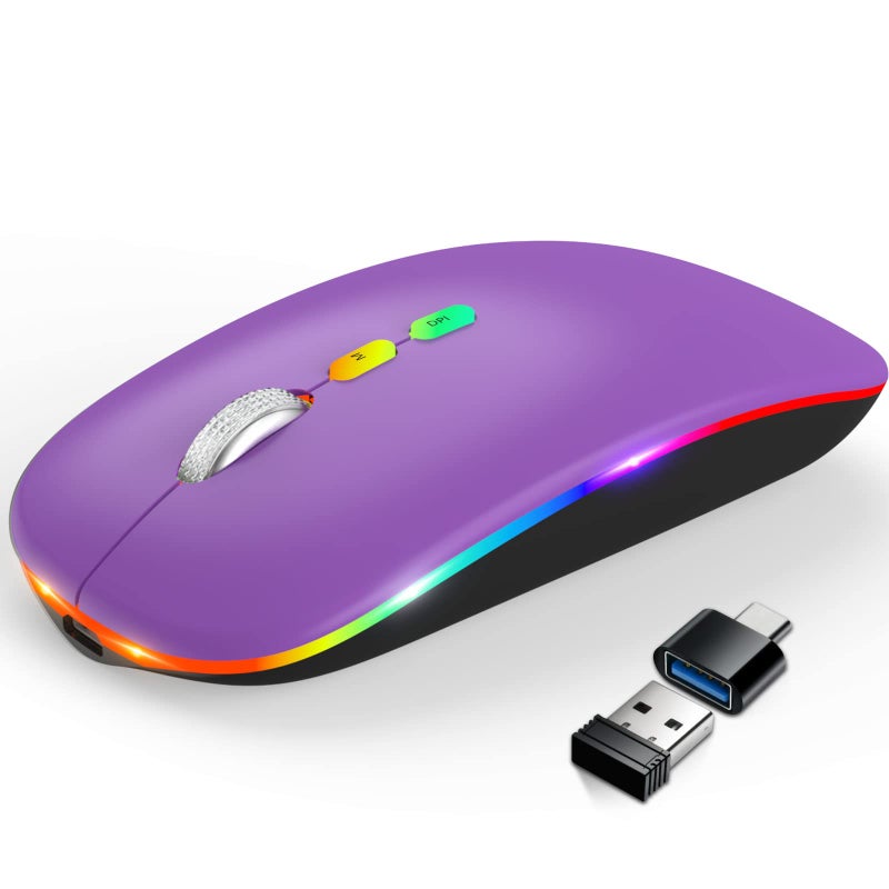 HOTLIFE Wireless Bluetooth Mouse, Slim Rechargeable LED Mouse, 2.4G Portable USB Optical Mouse with Type C Adapter, Purple - Image 1