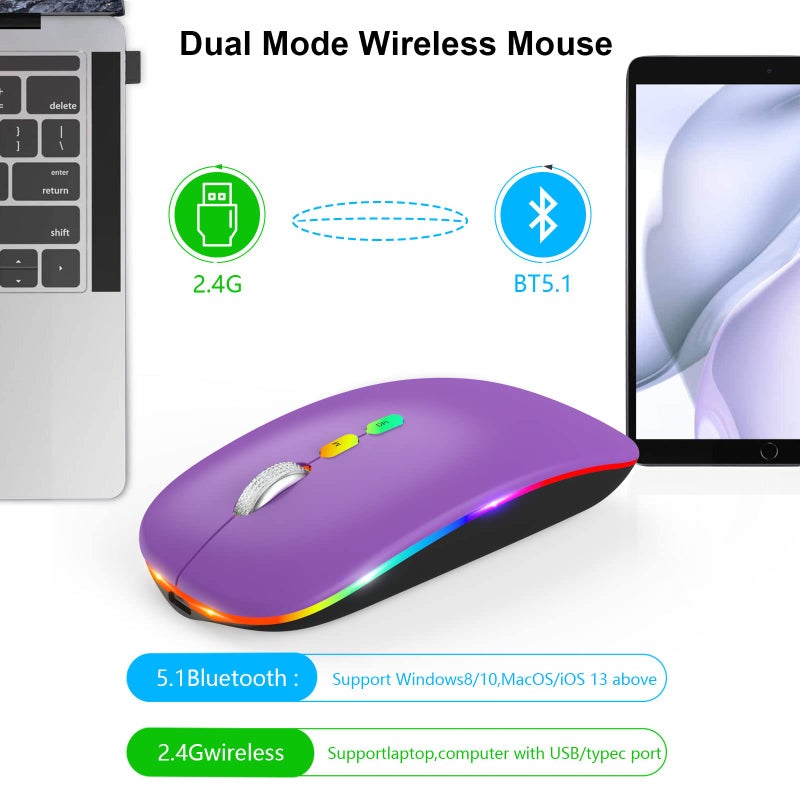 HOTLIFE Wireless Bluetooth Mouse, Slim Rechargeable LED Mouse, 2.4G Portable USB Optical Mouse with Type C Adapter, Purple - Image 4
