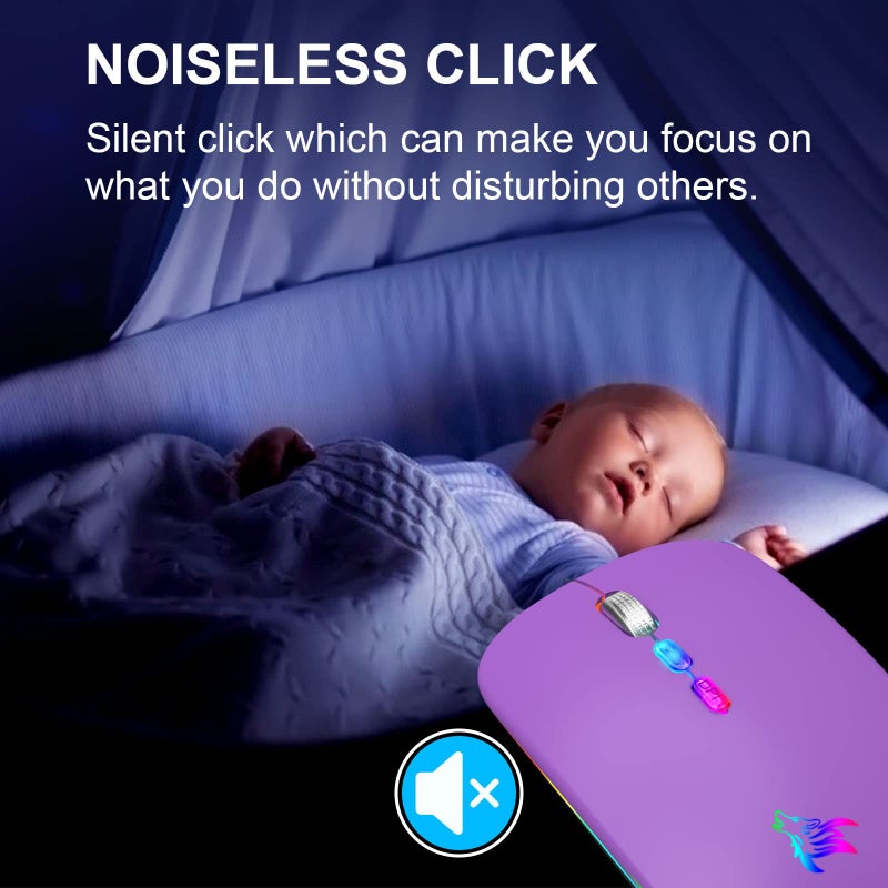 HOTLIFE Wireless Bluetooth Mouse, Slim Rechargeable LED Mouse, 2.4G Portable USB Optical Mouse with Type C Adapter, Purple - Image 2