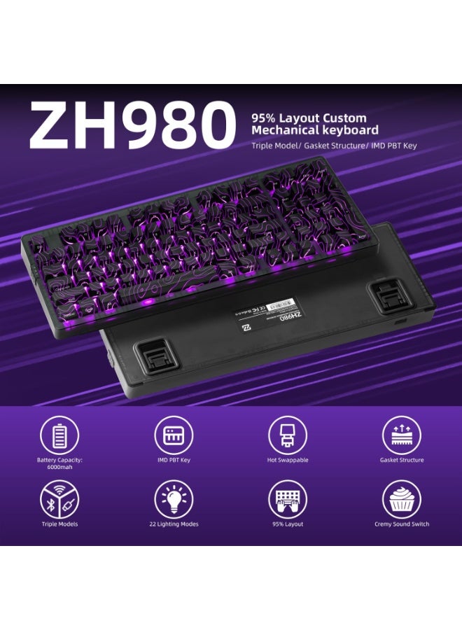 زورنر لوحة مفاتيح ألعاب ميكانيكية لاسلكية ZORNHER ZH980، لوحة مفاتيح مخصصة قابلة للتبديل السريع، 95% باللون الأسود، مع لوحة أرقام، أغطية مفاتيح طبوغرافية سوداء، مفاتيح خطية ذات صوت كريمي، بالحجم الكامل، 2.4 جيجاهرتز/USB-C/BT5.0 - Image 2
