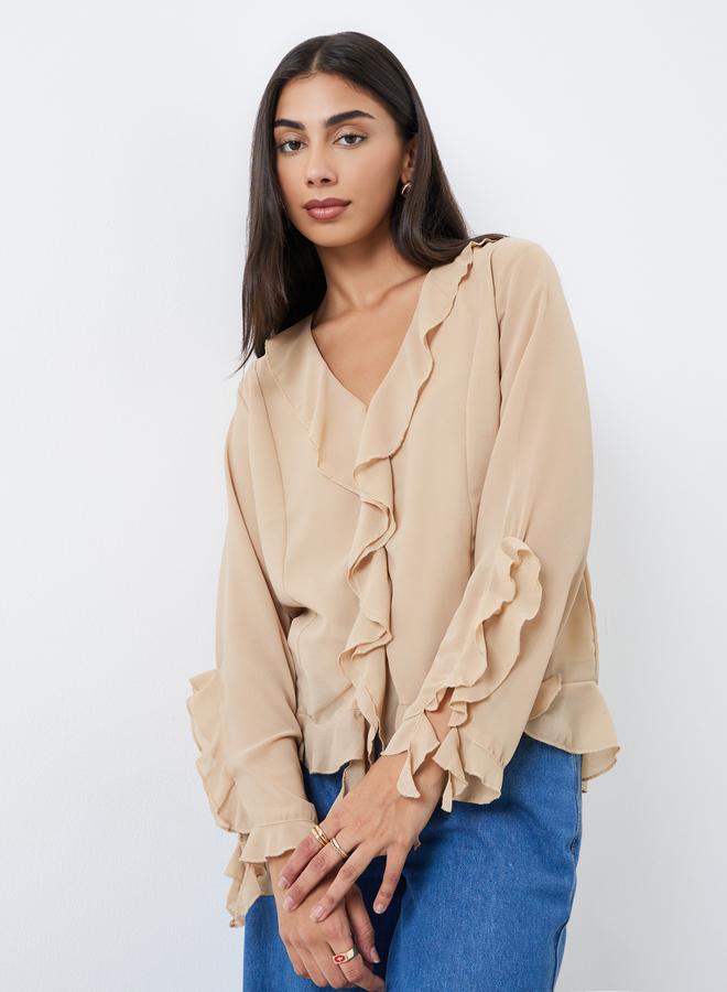 Styli Beige Frill Detail V Neck Chiffon Blouse - Image 1