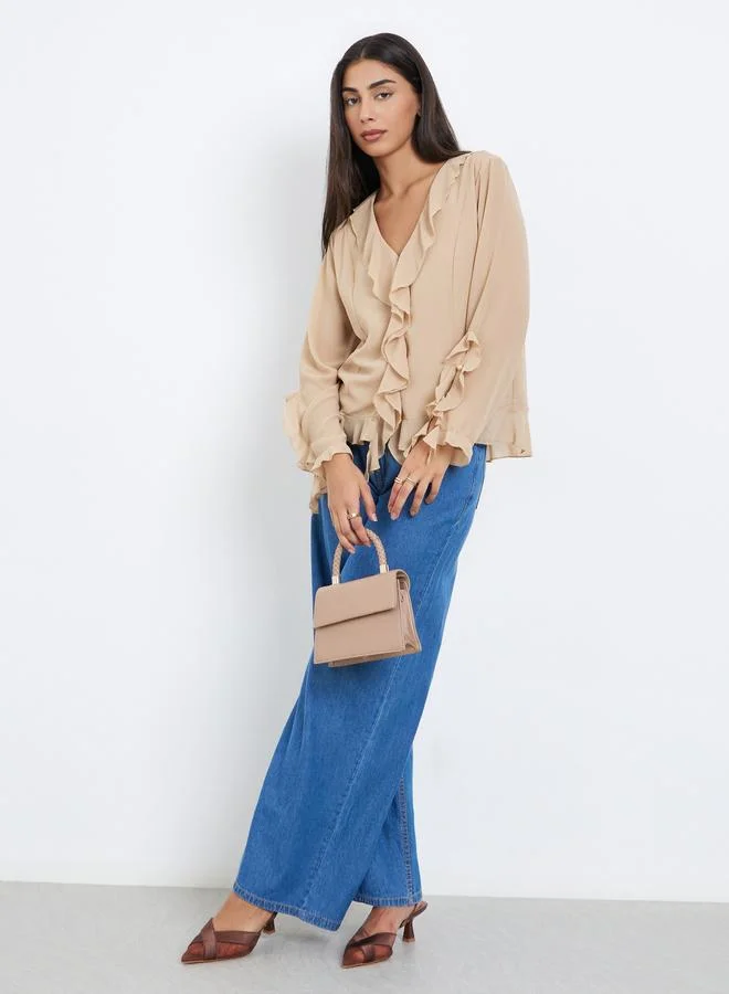 Styli Styli Beige Frill Detail V Neck Chiffon Blouse