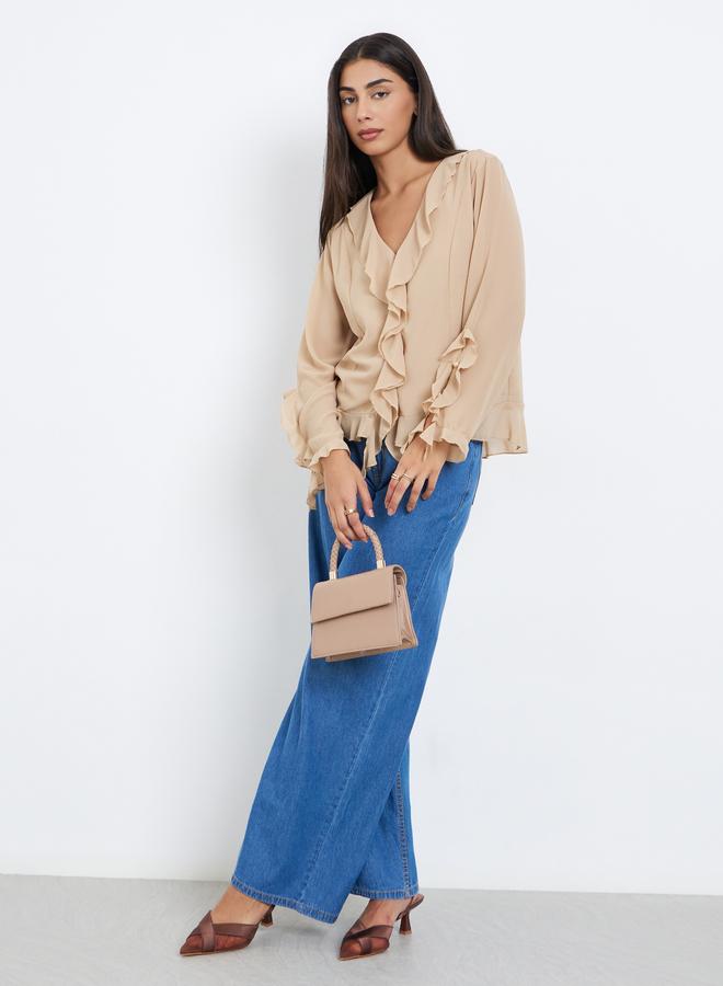Styli Beige Frill Detail V Neck Chiffon Blouse - Image 2