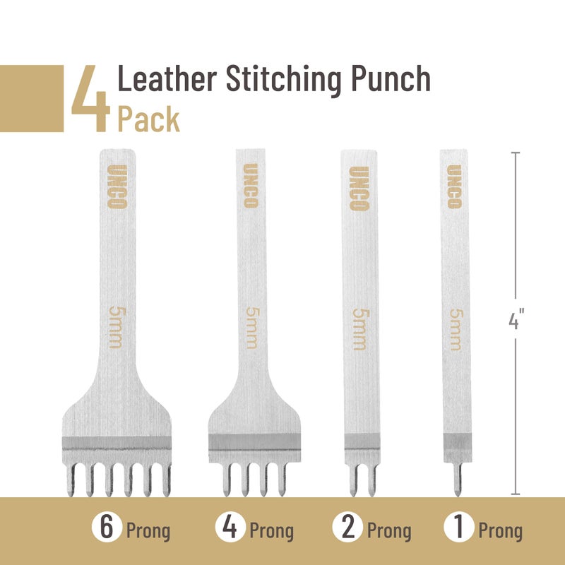 UNCO- Leather Stitching Punch, 4 Pack, 5 mm, 1/2/4/6 Prong, Leather Hole Punch Tool, Stitching Chisel - Image 2