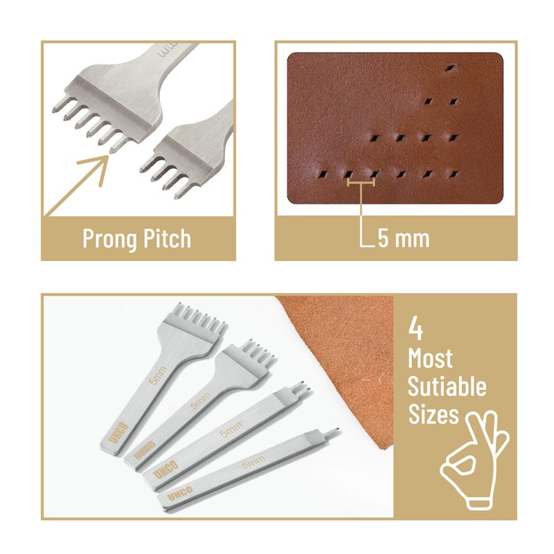 UNCO- Leather Stitching Punch, 4 Pack, 5 mm, 1/2/4/6 Prong, Leather Hole Punch Tool, Stitching Chisel - Image 3