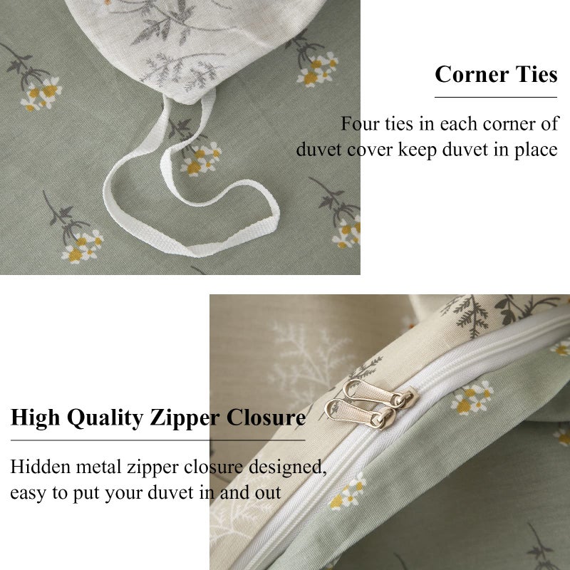 EAVD Boho Floral Duvet Cover Queen Soft 100% Cotton Garden Green Floral Bedding Set for Girls Women with 2 Pilowcases Reversible Floral Botanical Duvet Cover with Zipper Closure - Image 5