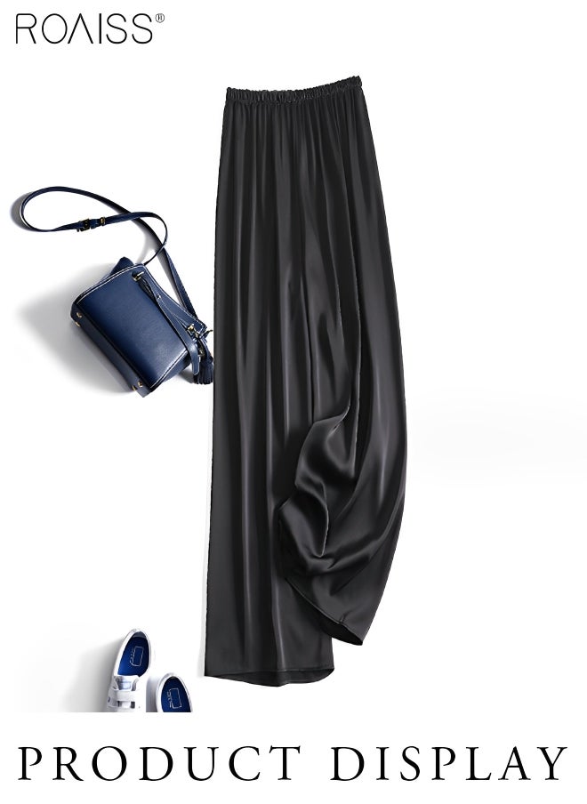 Women's Satin Silky Straight Pants Casual Wide-Leg Pants With Elasticated Waist And Draped Feel