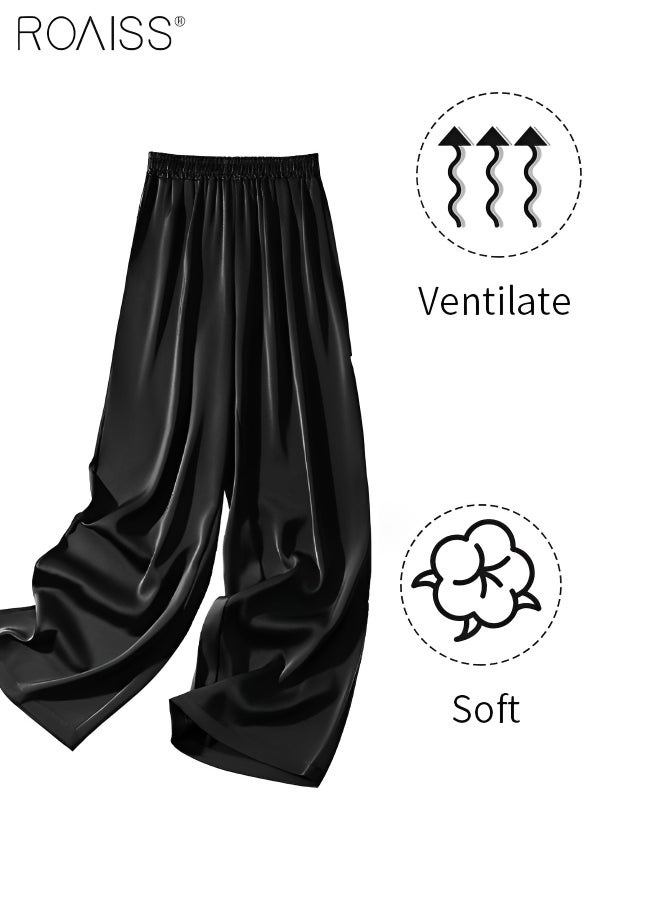 Women's Satin Silky Straight Pants Casual Wide-Leg Pants With Elasticated Waist And Draped Feel