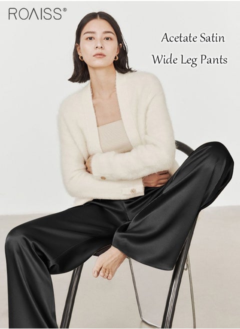 Women's Satin Silky Straight Pants Casual Wide-Leg Pants With Elasticated Waist And Draped Feel