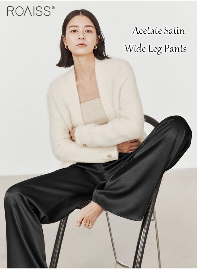 Women's Satin Silky Straight Pants Casual Wide-Leg Pants With Elasticated Waist And Draped Feel