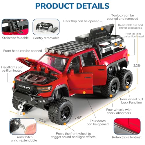 FRJV Toy Trucks for Boys 132 Diecast Trucks Mammoth Model TruckCollectible Pickup Truck Model KitPull Back Cars with Lights and SoundsToy Trucks for Boys Age 47Red - Image 5