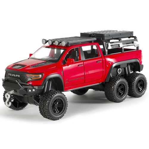 FRJV Toy Trucks for Boys 132 Diecast Trucks Mammoth Model TruckCollectible Pickup Truck Model KitPull Back Cars with Lights and SoundsToy Trucks for Boys Age 47Red - Image 1