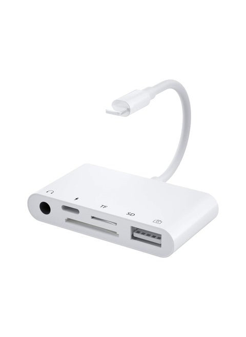 SD Card Reader for iPhone, Apple Camera Adapter，Lightning to 5 in 1 USB OTG Camera Connection kit with Camera Memory Reader and 3.5mm Headphone Jack, SD & TF Dual Card Slot, Support iPhone iOS 9.2-16+