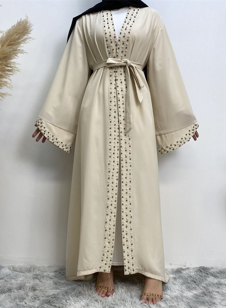 Loquat Beaded Lace Up Cardigan Gown Abaya Beige - Image 1