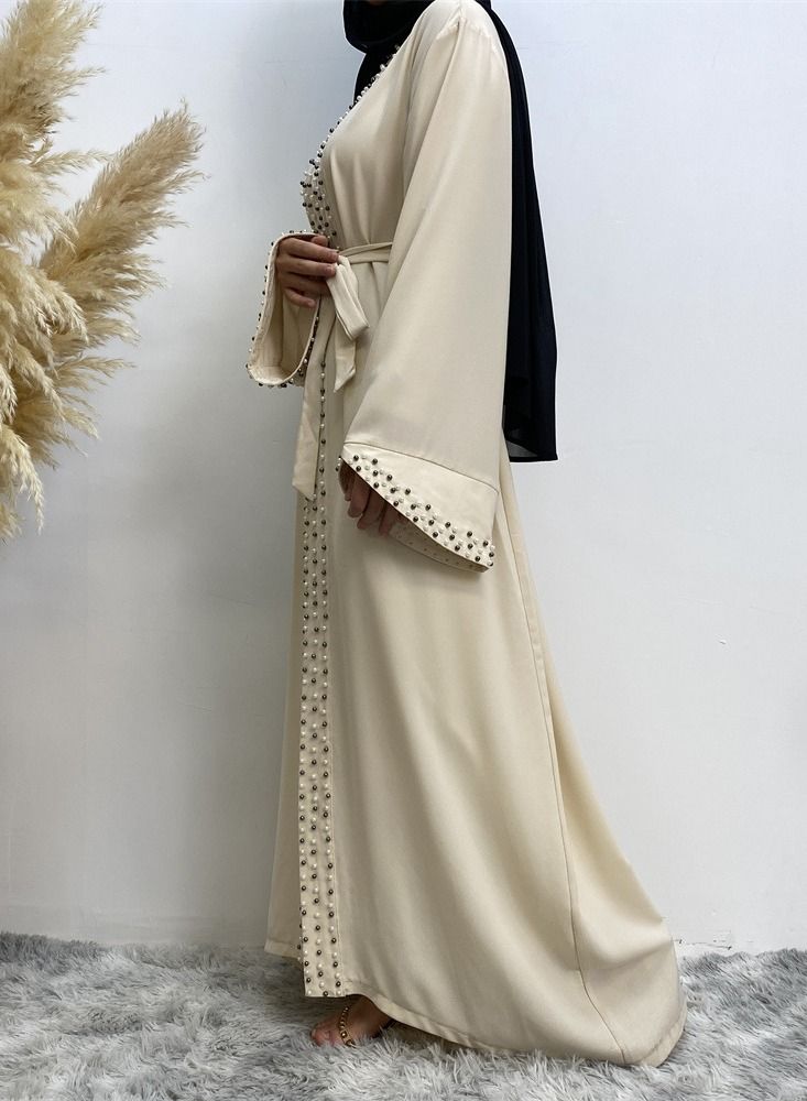 Loquat Beaded Lace Up Cardigan Gown Abaya Beige - Image 2