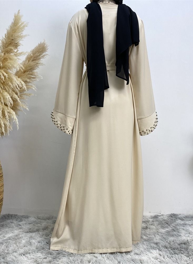 Loquat Beaded Lace Up Cardigan Gown Abaya Beige - Image 3