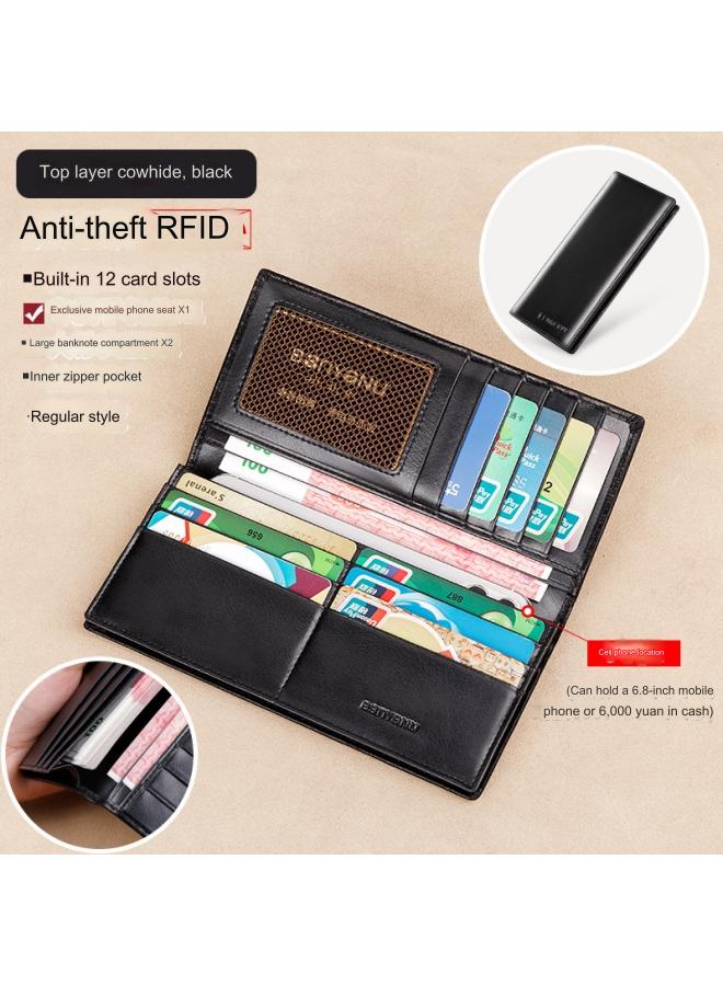 banyanu Wallet Men's Long Genuine Leather Ultra-Thin Anti-Theft Brush Leather Wallet with Zipper Cowhide Wallet Black-Regular (Anti-Theft Brush) - Image 2