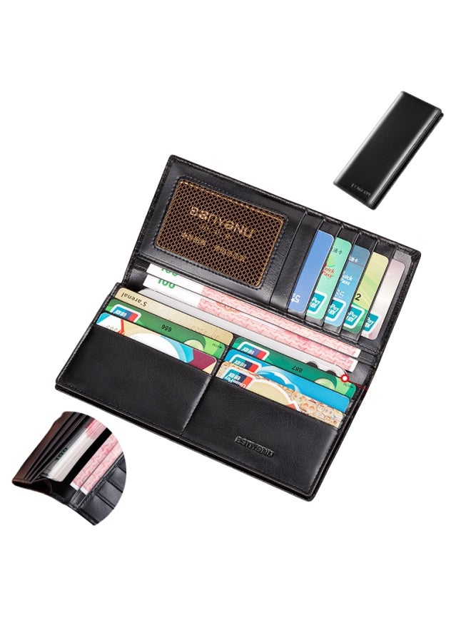 banyanu Wallet Men's Long Genuine Leather Ultra-Thin Anti-Theft Brush Leather Wallet with Zipper Cowhide Wallet Black-Regular (Anti-Theft Brush) - Image 1
