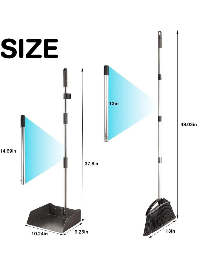 Yangbaga - Long Handled Dust Pan and Broom Set for Home, Heavy Duty Metal Stainless Steel Dustpans and Brooms, Upright Stand Up Design - Image 1