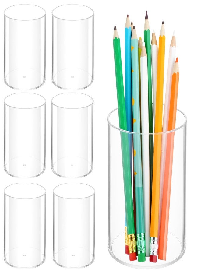 Tobeelec 6 Pack Clear Plastic Pen Holder Cylinder Container, Round Pencil Holder for Desk Pen Cups for Utensil Makeup Brush, Clear Stationery Organizer for School Home Supplies Office Desk Accessories - Image 1