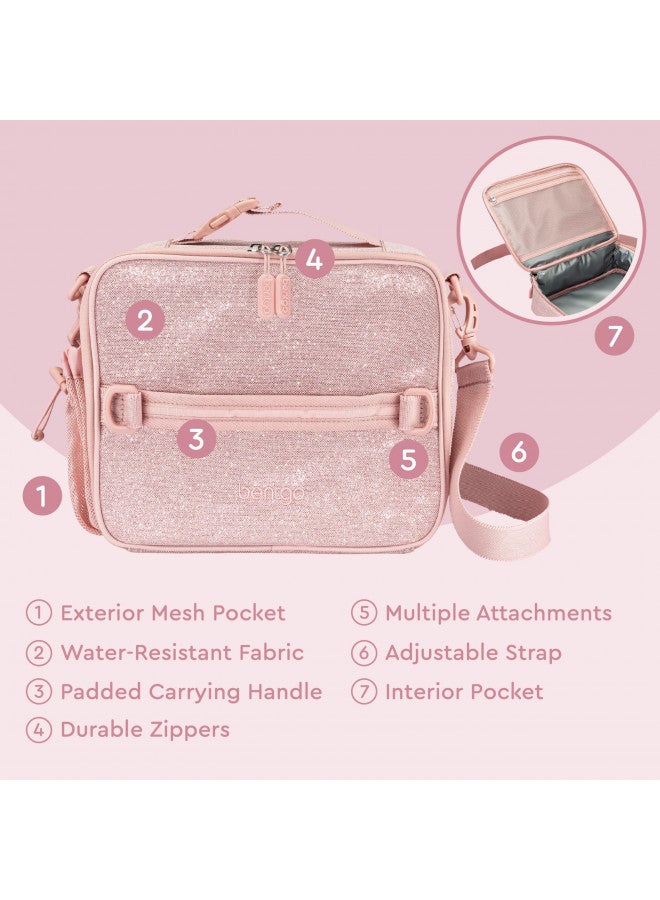 Bentgo Bentgo® Kids Lunch Bag - Glitter Design for Ages 3+, Durable, Double Insulated, Water-Resistant Fabric, Interior & Exterior Zippered Pockets, Water Bottle Holder (Glitter Edition Petal Pink) - Image 4