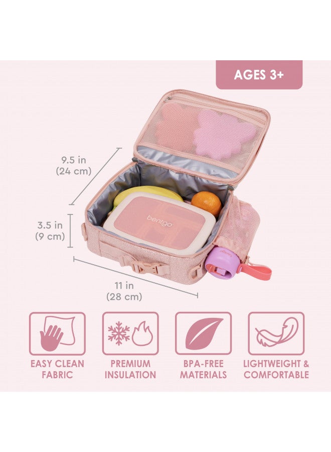 Bentgo Bentgo® Kids Lunch Bag - Glitter Design for Ages 3+, Durable, Double Insulated, Water-Resistant Fabric, Interior & Exterior Zippered Pockets, Water Bottle Holder (Glitter Edition Petal Pink) - Image 3