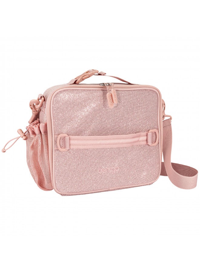 Bentgo Bentgo® Kids Lunch Bag - Glitter Design for Ages 3+, Durable, Double Insulated, Water-Resistant Fabric, Interior & Exterior Zippered Pockets, Water Bottle Holder (Glitter Edition Petal Pink) - Image 1