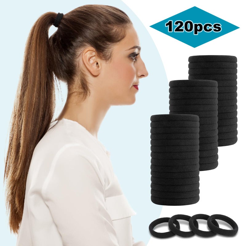 DWKFEOQ 120PCS DWKFEOQ Black Hair Ties for Women Girls, Elastic Ponytail Holders, Cotton Seamless Hair Bands, No Damage for Thick Hair, 1.8 Inch in Diameter (Black) - Image 5
