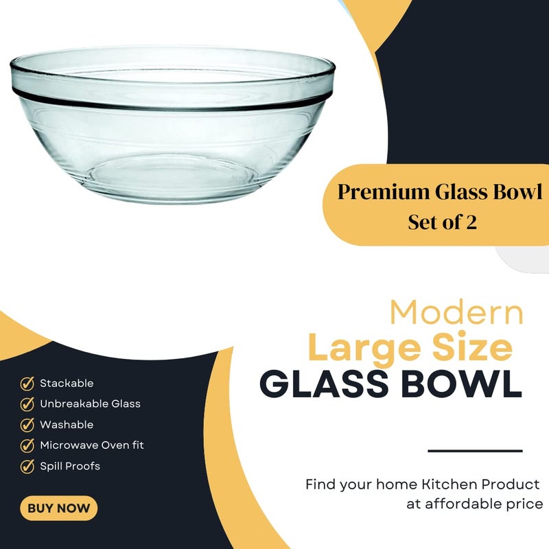 GLASSIMON Patti Round Bowl Mixing Bowl Set of 2 Capacity 1510 ml I Mixing Bowl Toughened Transparent Glass Bowl I Size 20 cm Diameter - Image 2