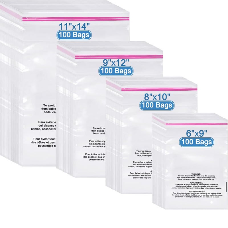 Tapsin Cellophane Poly Bags Pack 400 CT Combo 6x9,8x10,9x12,11x14 inches, Clear Poly Bags with Suffocation Warning, Resealable Shipping Bag for Clothes, Packaging (OPP, 2mil, 5-13 LB, with Vent Holes) - Image 1
