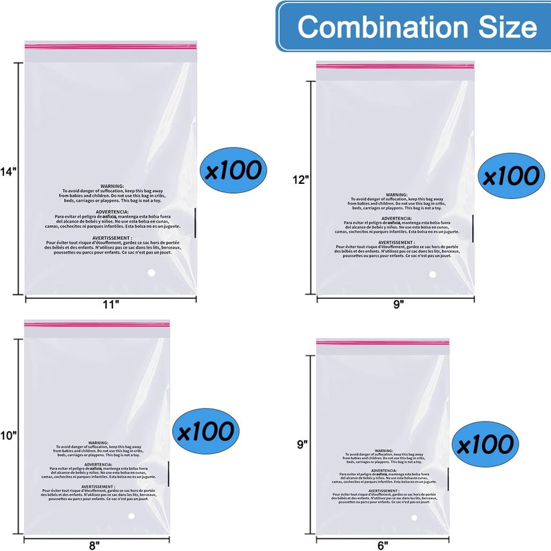 Tapsin Cellophane Poly Bags Pack 400 CT Combo 6x9,8x10,9x12,11x14 inches, Clear Poly Bags with Suffocation Warning, Resealable Shipping Bag for Clothes, Packaging (OPP, 2mil, 5-13 LB, with Vent Holes) - Image 2