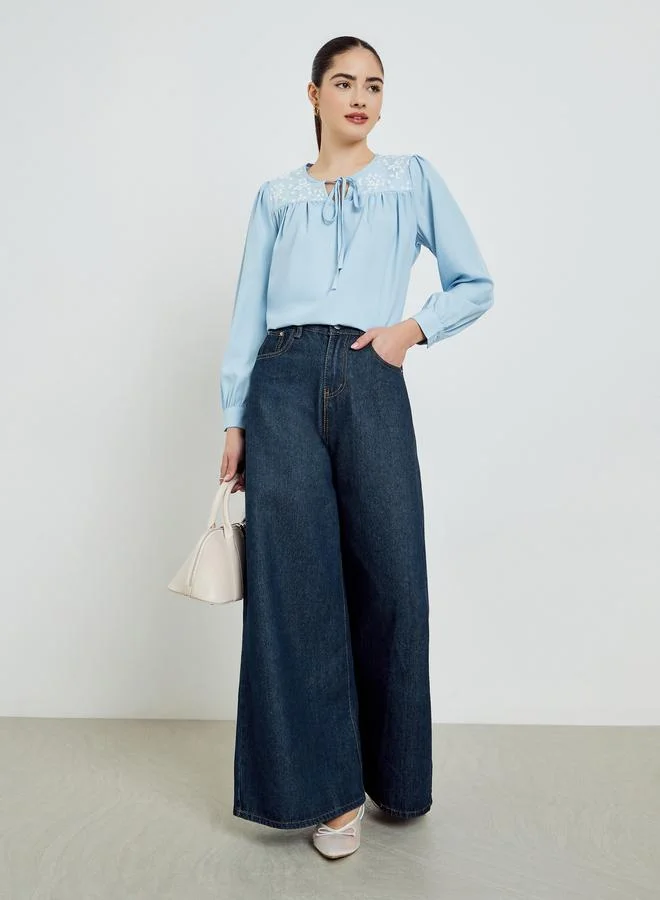Styli Blue Embroidered Long Sleeve Blouse
