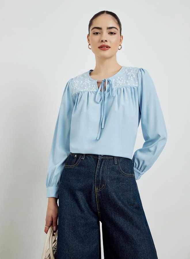 Styli Blue Embroidered Long Sleeve Blouse