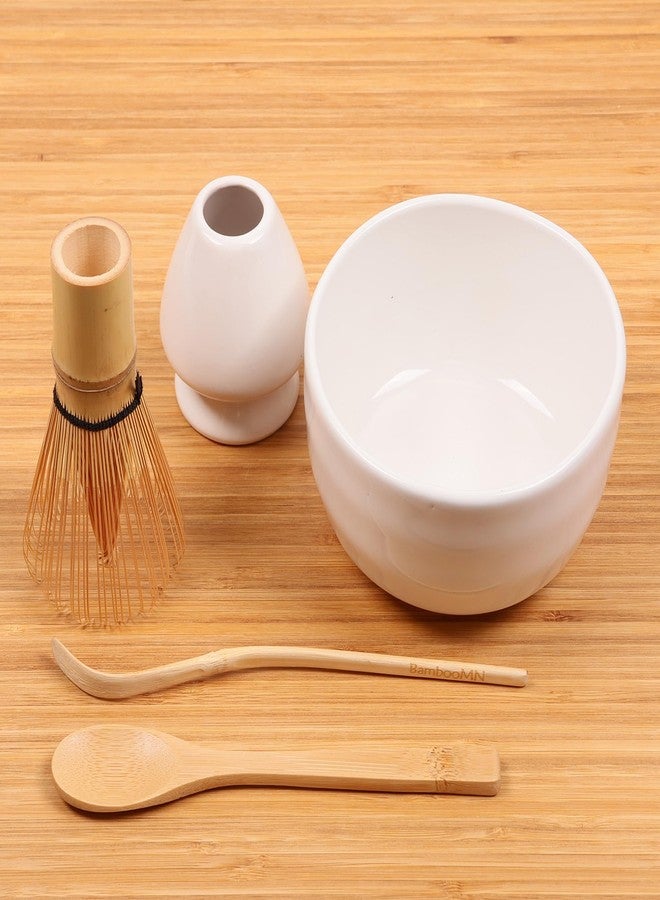 BambooMN Matcha Bowl Set (Includes Bowl, Rest, Tea Whisk, Chasaku & Tea Spoon) 1 Set White - Image 2