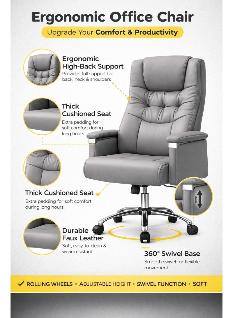 FURALUX Executive Ergonomic Office Chair, High Back Boss Chair with Thick Cushion Seat, Adjustable Height, 360° Swivel Computer Desk Chair, Comfortable Leather Office Chair for Home Office, Work & Study – Grey - Image 3